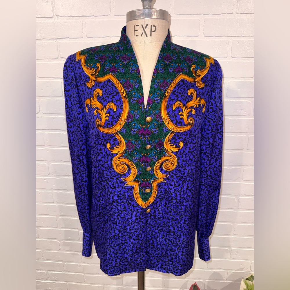 Vintage 100% Silk Adrianna Papéll Button Up Collared Shirt Baroque Style Pattern